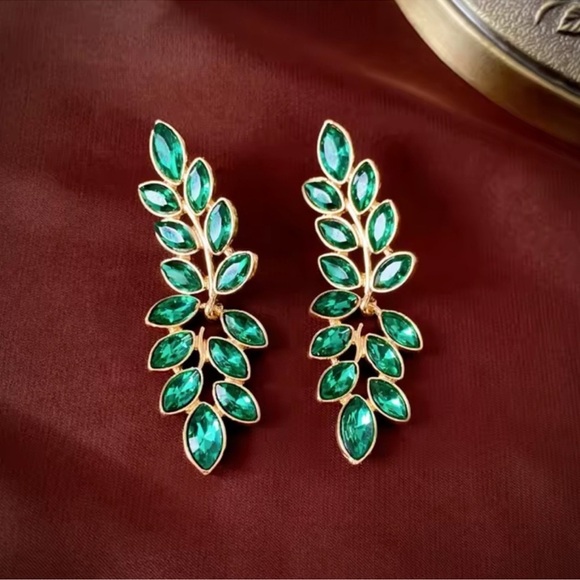 Anthropologie Jewelry - Green Crystal Leaf Gold Earrings
